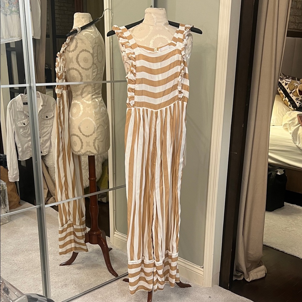 ***WORN ONCE***SANCIA Striped Sleeveless‎ Jumpsuit — Tan & White